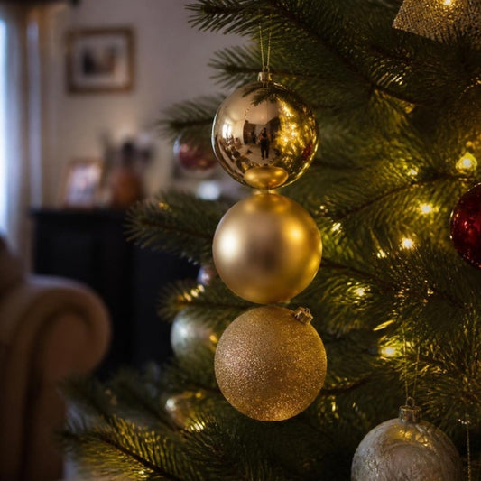 Trinidad de Bolitas Navideñas 15 cm doradas colgadas en un árbol de Navidad con luces cálidas