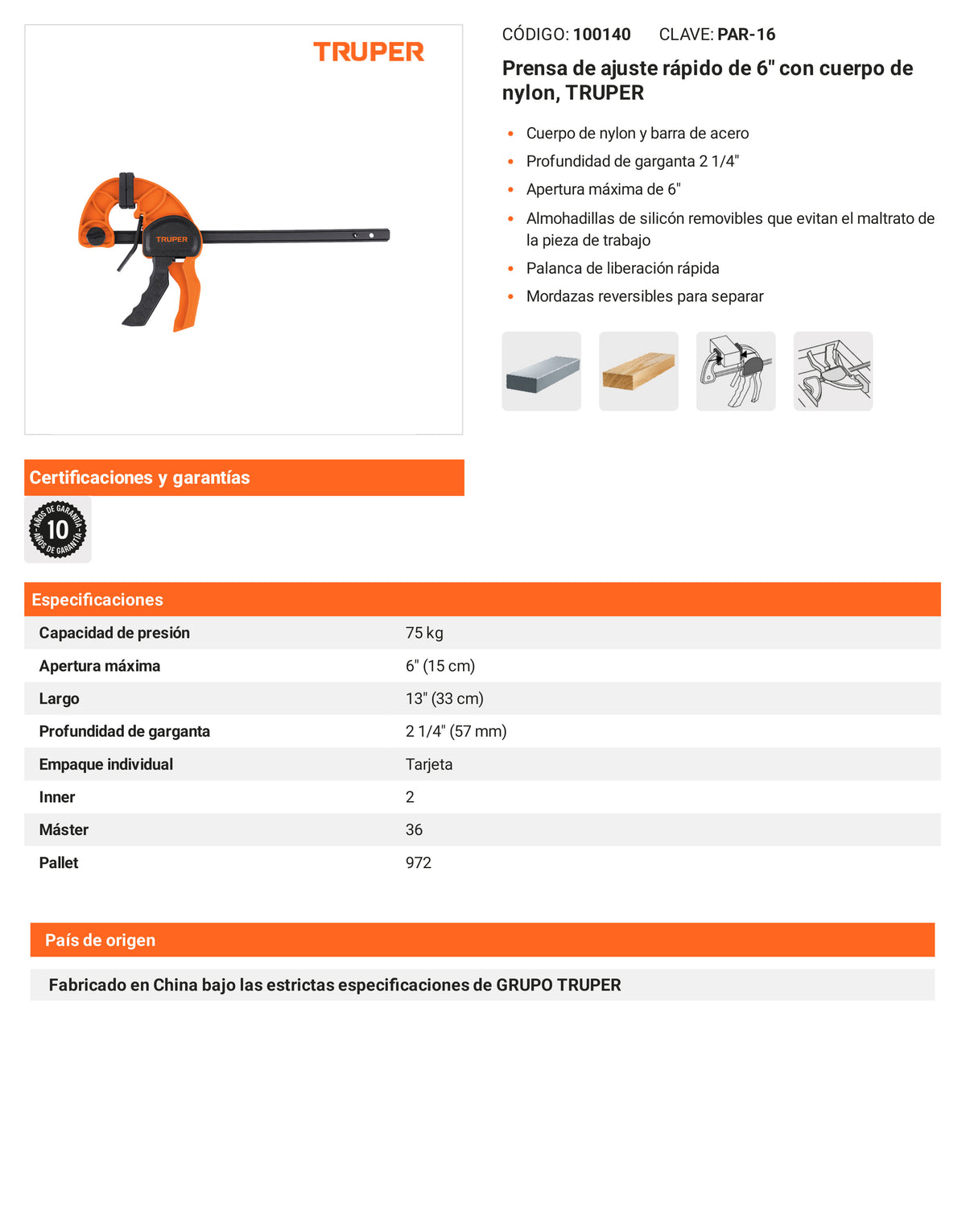 Ficha tecnica - Prensa de ajuste rapido de 6 pulg - SKU 100140