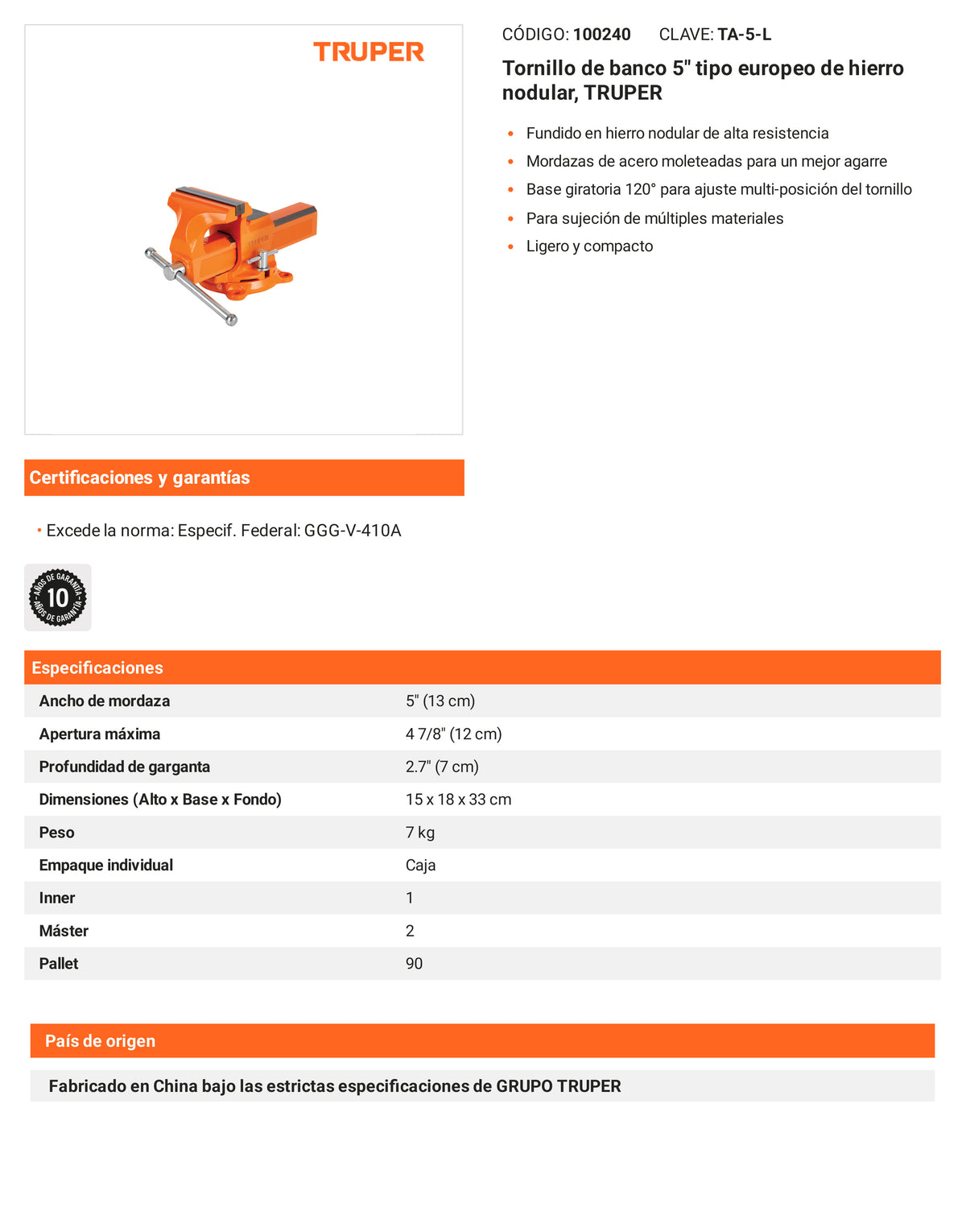 Ficha tecnica - Tornillo de banco 5 pulg tipo europeo - SKU 100240