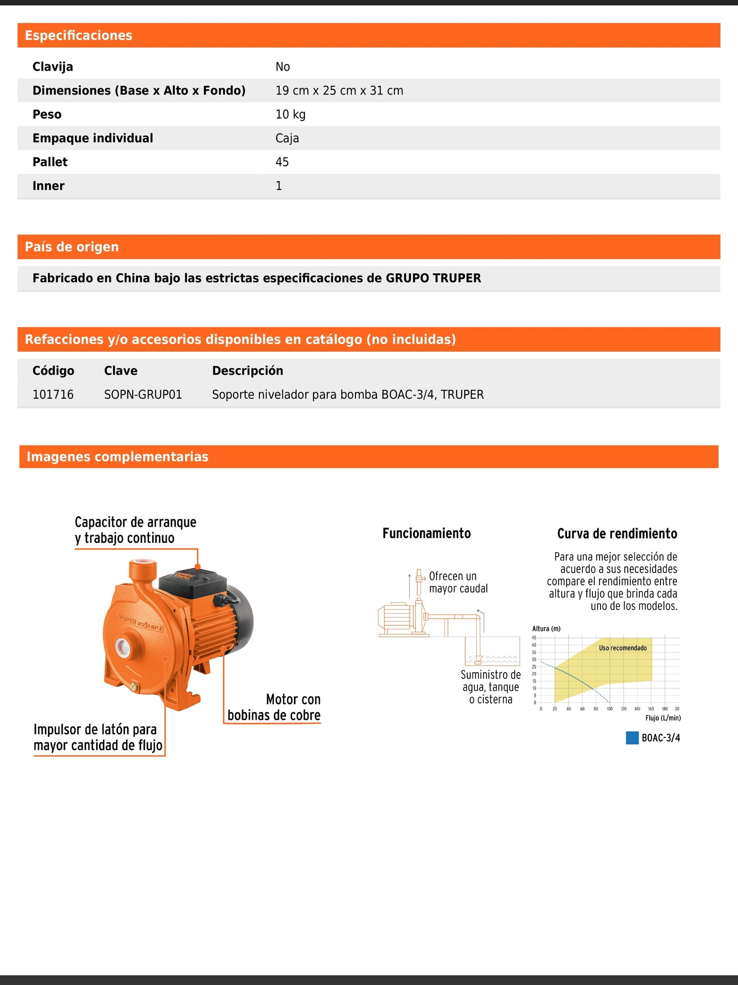 Bomba centrífuga de 3/4 HP modelo europeo