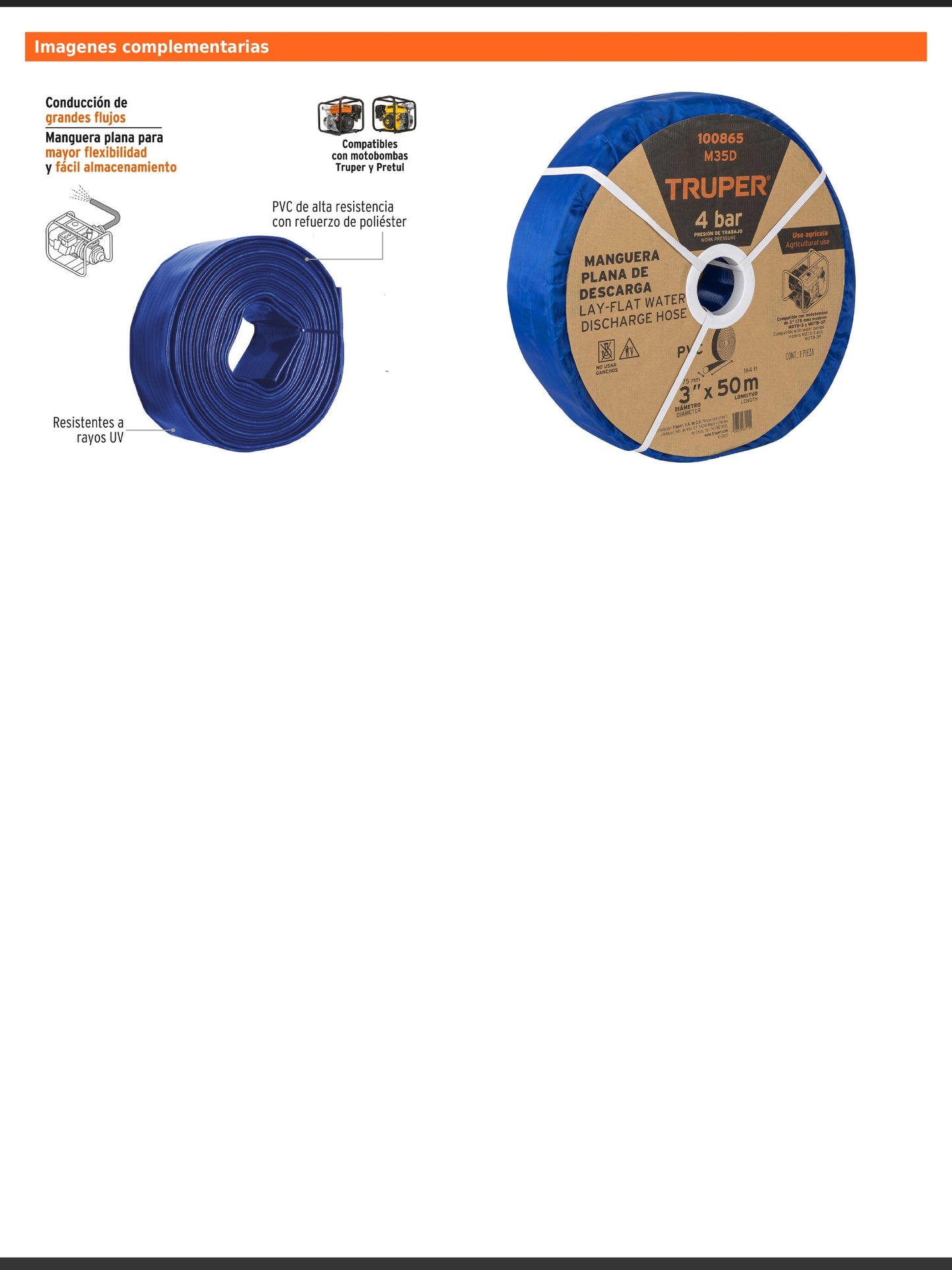 Rollo de manguera plana de 3 pulgadas por 50 m de descarga para motobomba