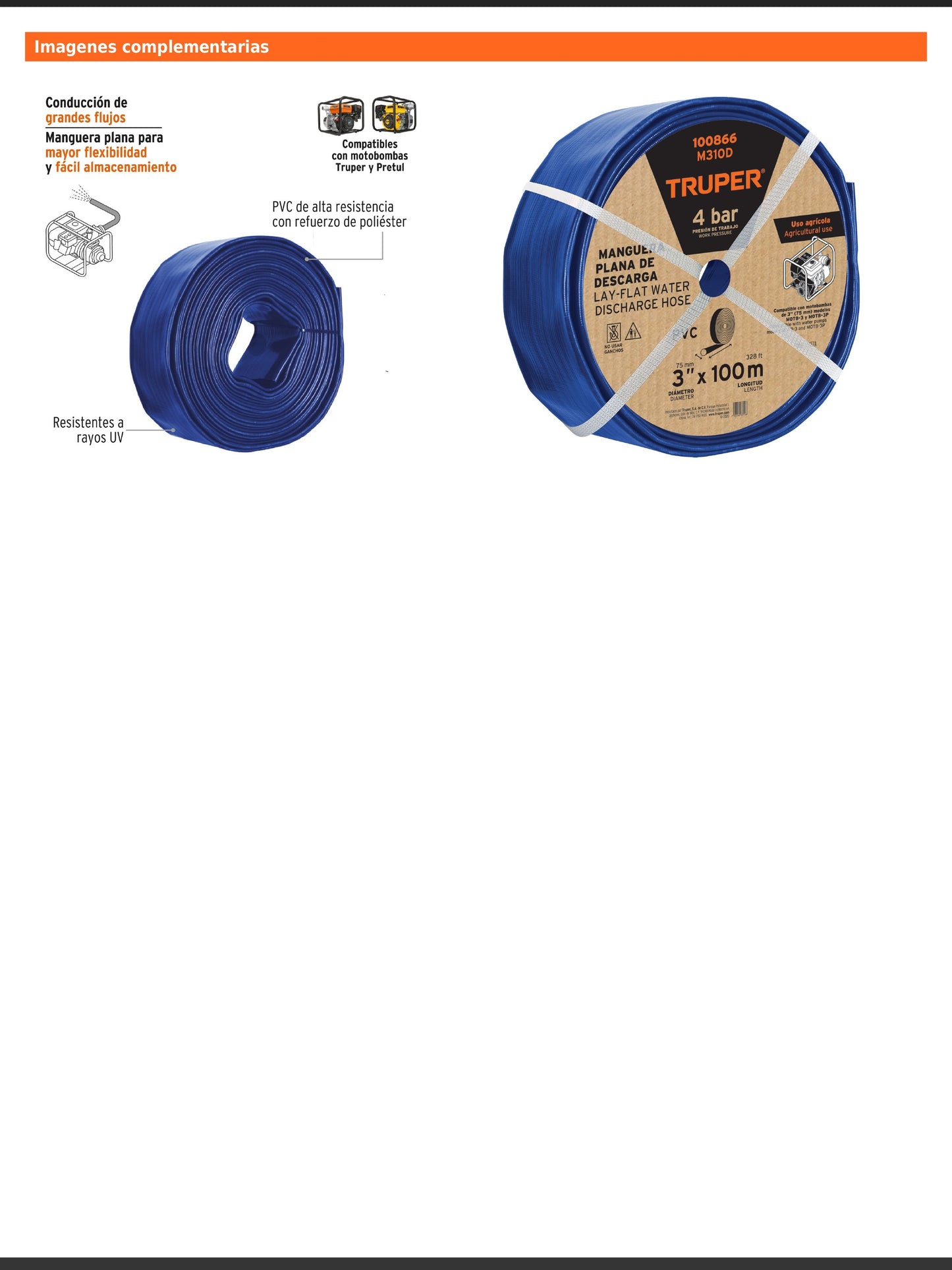Rollo de manguera plana de 3 pulgadas por 100 m de descarga para motobomba