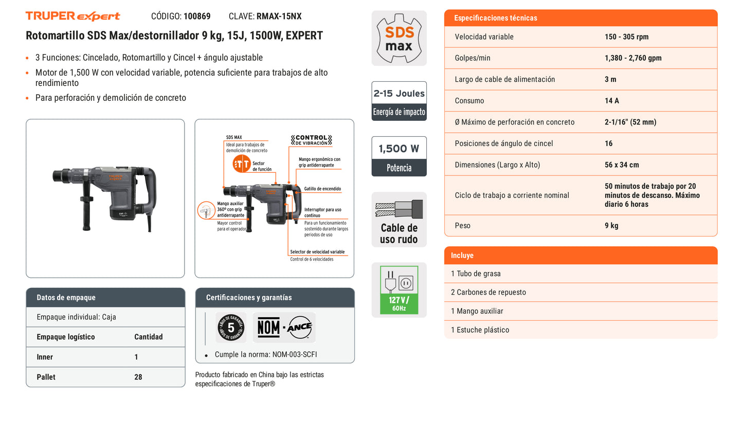 Ficha tecnica - Rotomartillo SDS Max/destornillador 9 kg 15J 1500W - SKU 100869