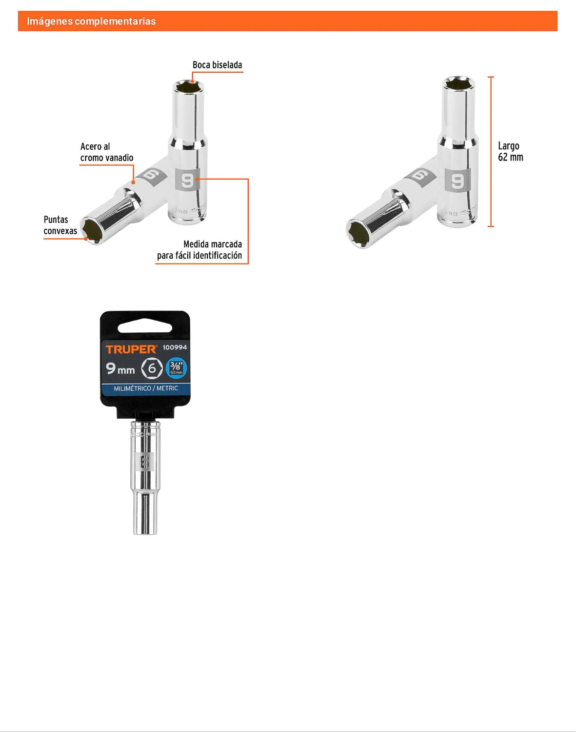 Dado largo 9 mm cuadro 3/8 pulg