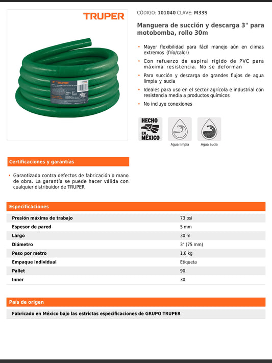 Manguera de succión y descarga de 3 pulgadas para motobomba