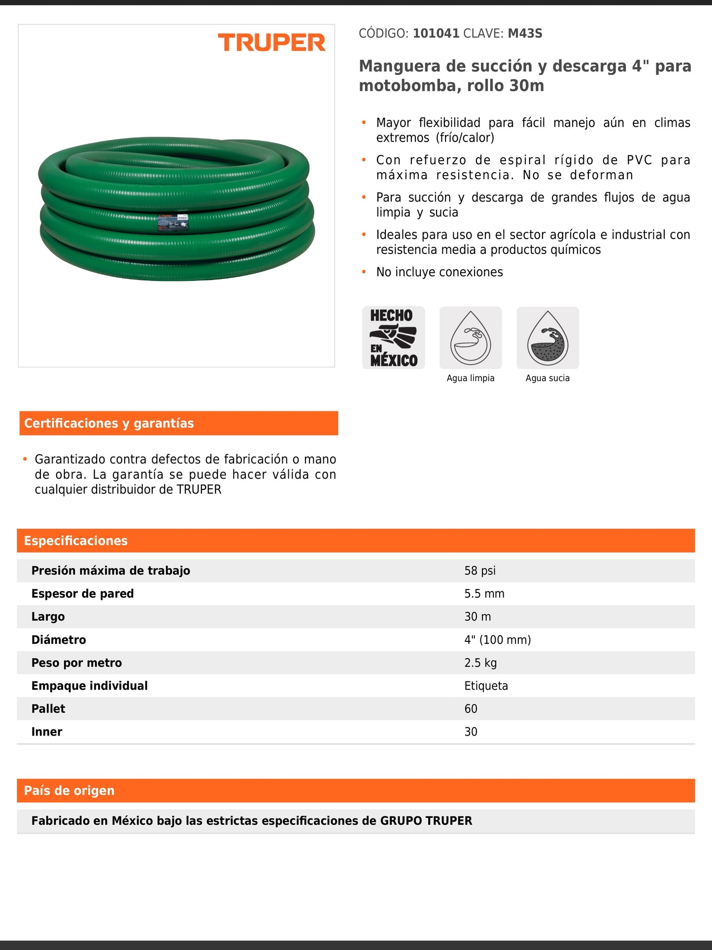 Manguera de succión y descarga de 4 pulgadas para motobomba rollo de 30 m