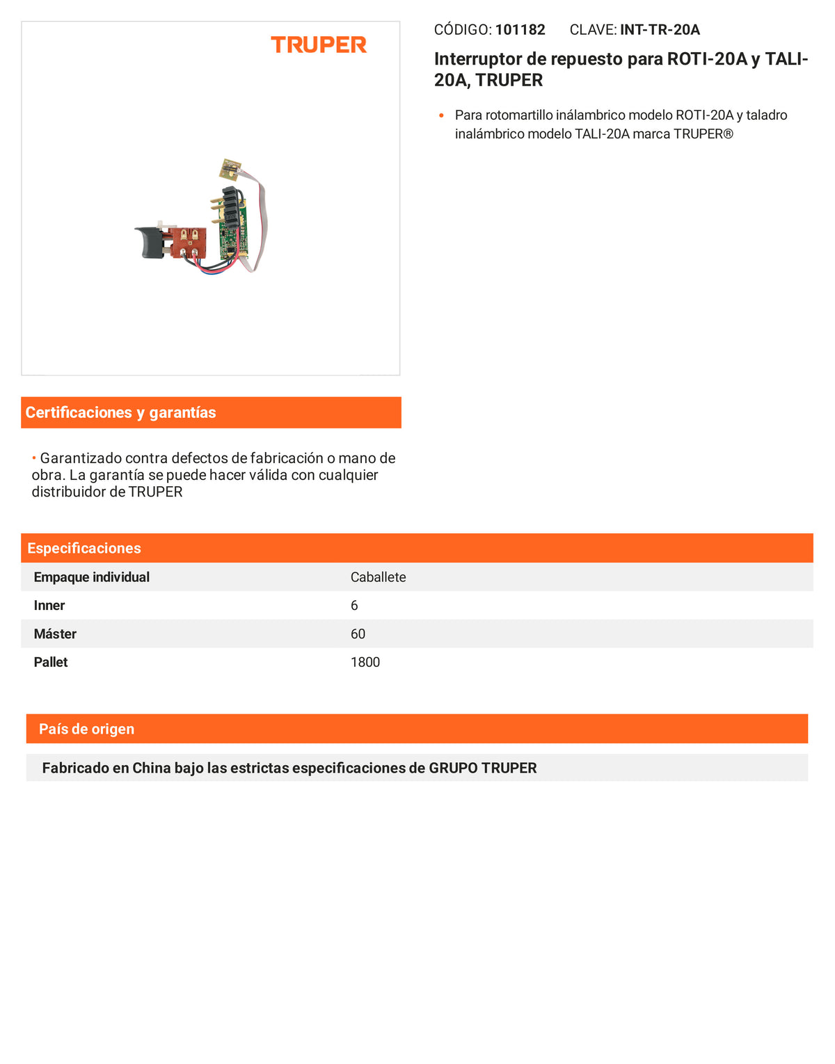 Ficha tecnica - Interruptor para ROTI-20A y TALI-20A - SKU 101182