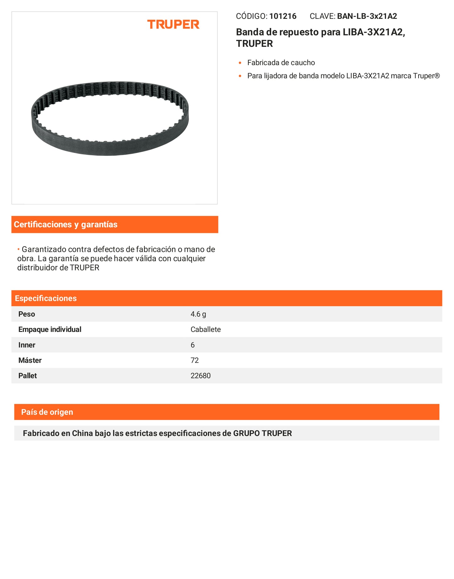 Ficha tecnica - Banda para LIBA-3X21A2 - SKU 101216