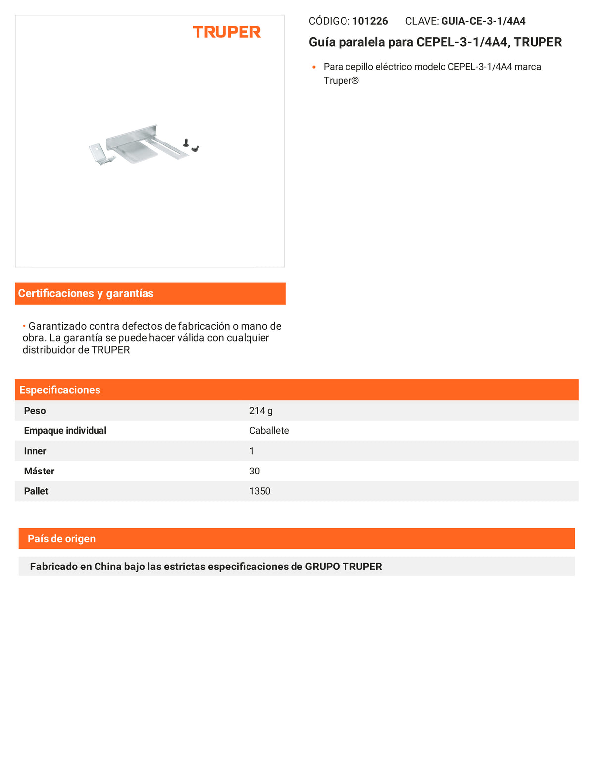 Ficha tecnica - Guia paralela para CEPEL-3-1/4A4 - SKU 101226