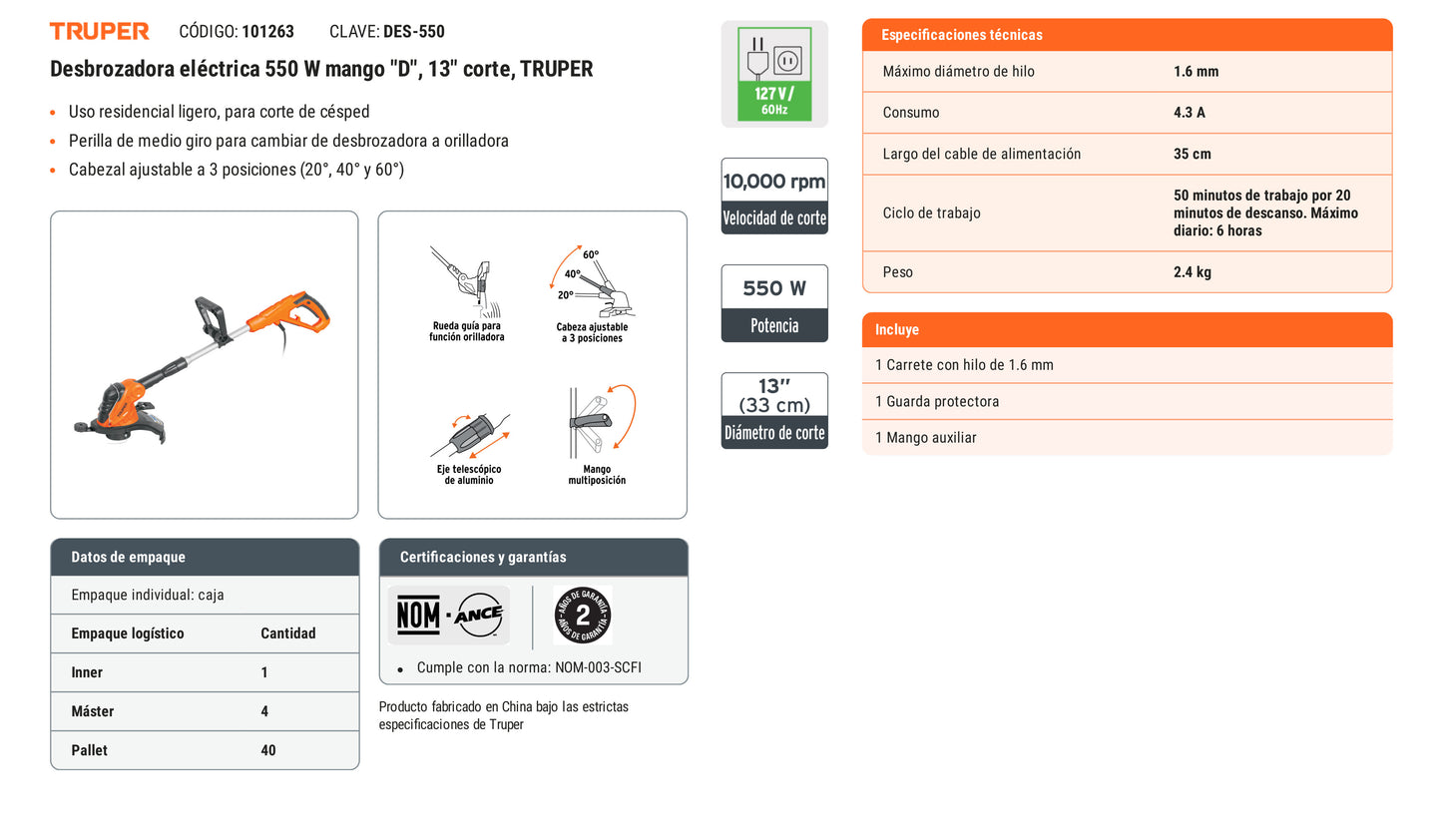 Ficha tecnica - Desbrozadora electrica 550 W mango D 13 pulg - SKU 101263