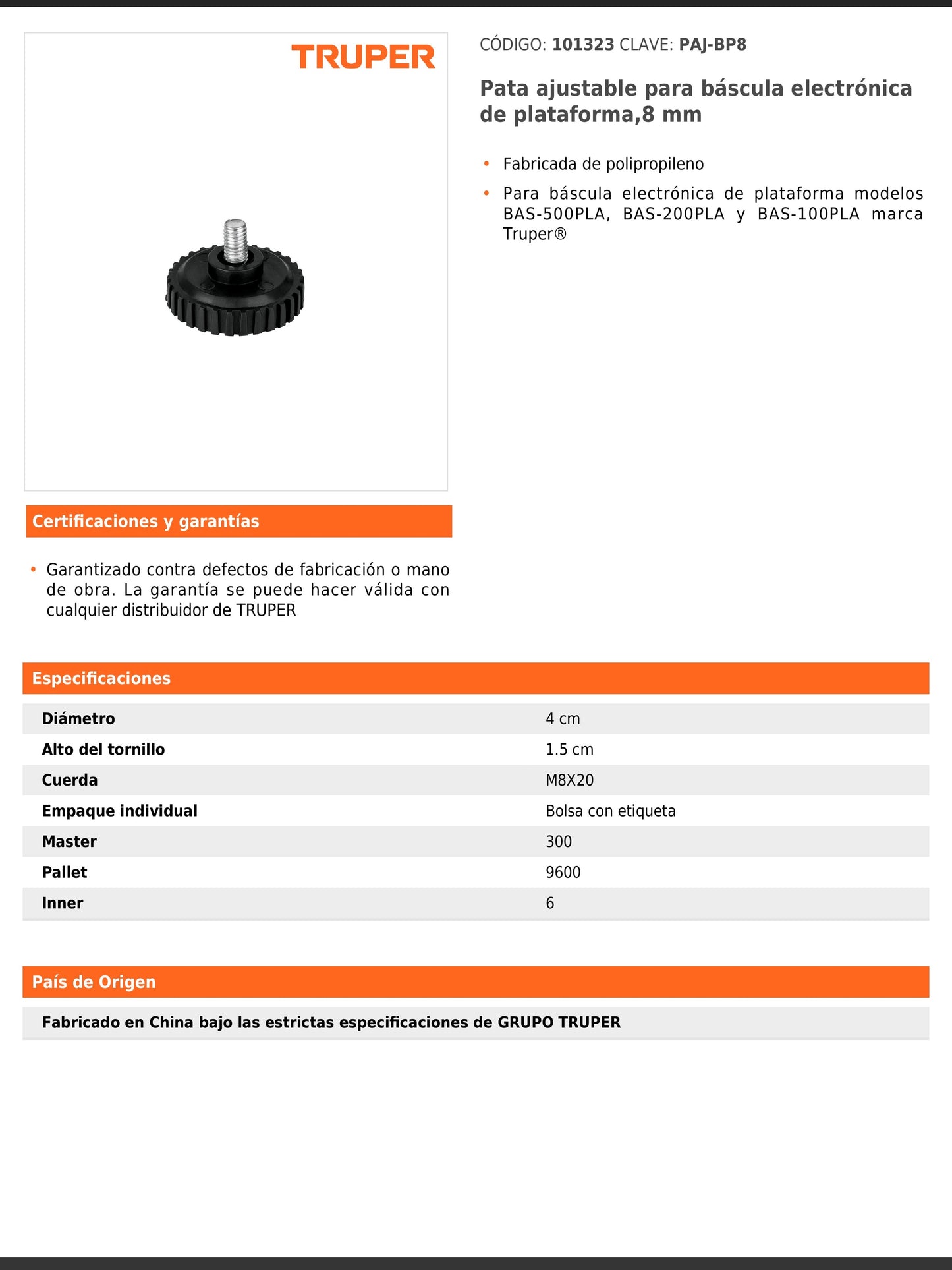 Pata ajustable para báscula electrónica de plataforma 8 mm