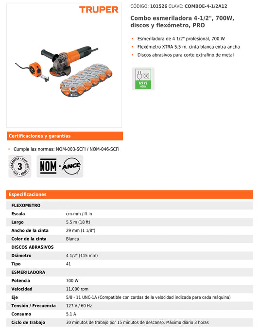 Combo esmeriladora de 4-1/2" y 700 W con discos y flexómetro