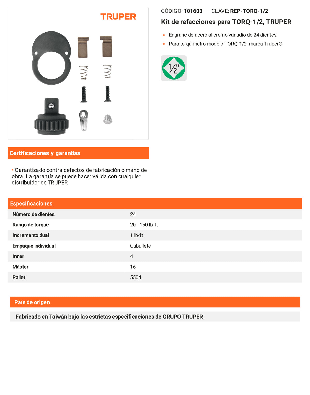 Ficha tecnica - Kit de refacciones para TORQ-1/2 - SKU 101603