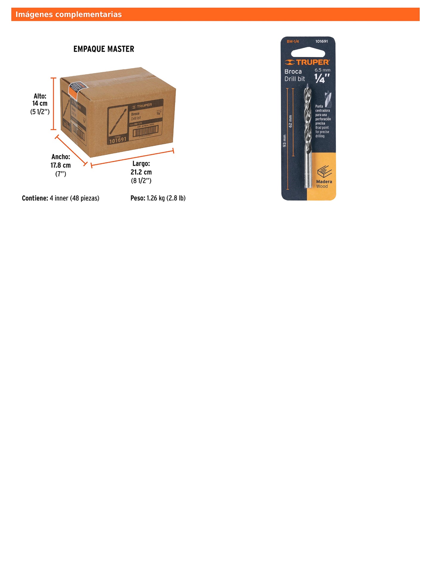 Broca para madera con punta centradora de 1/4"