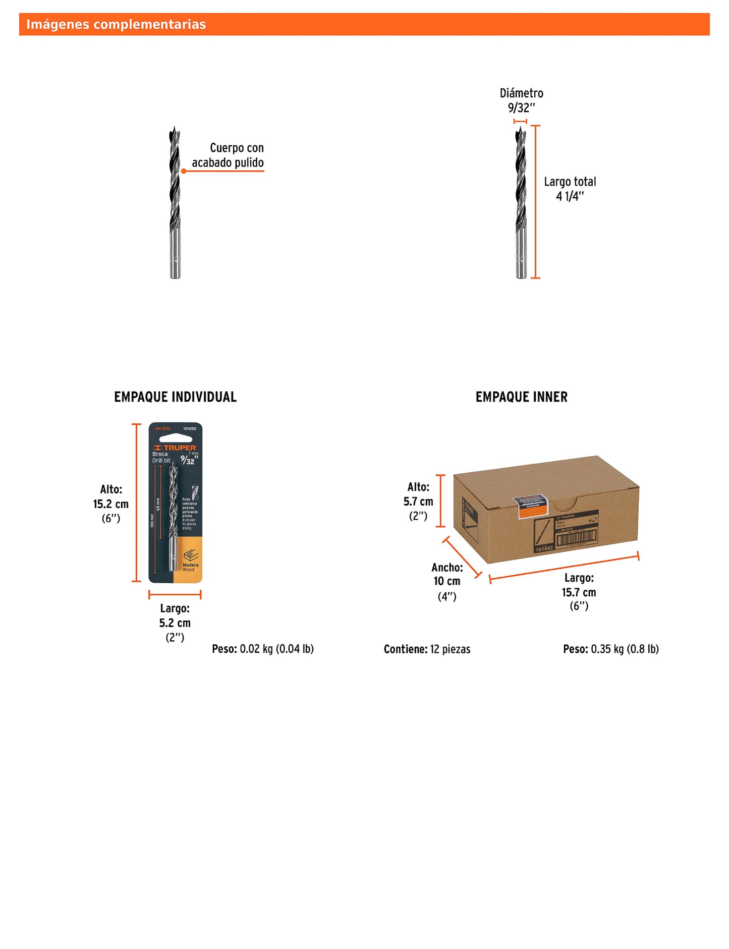 Broca para madera con punta centradora de 9/32"