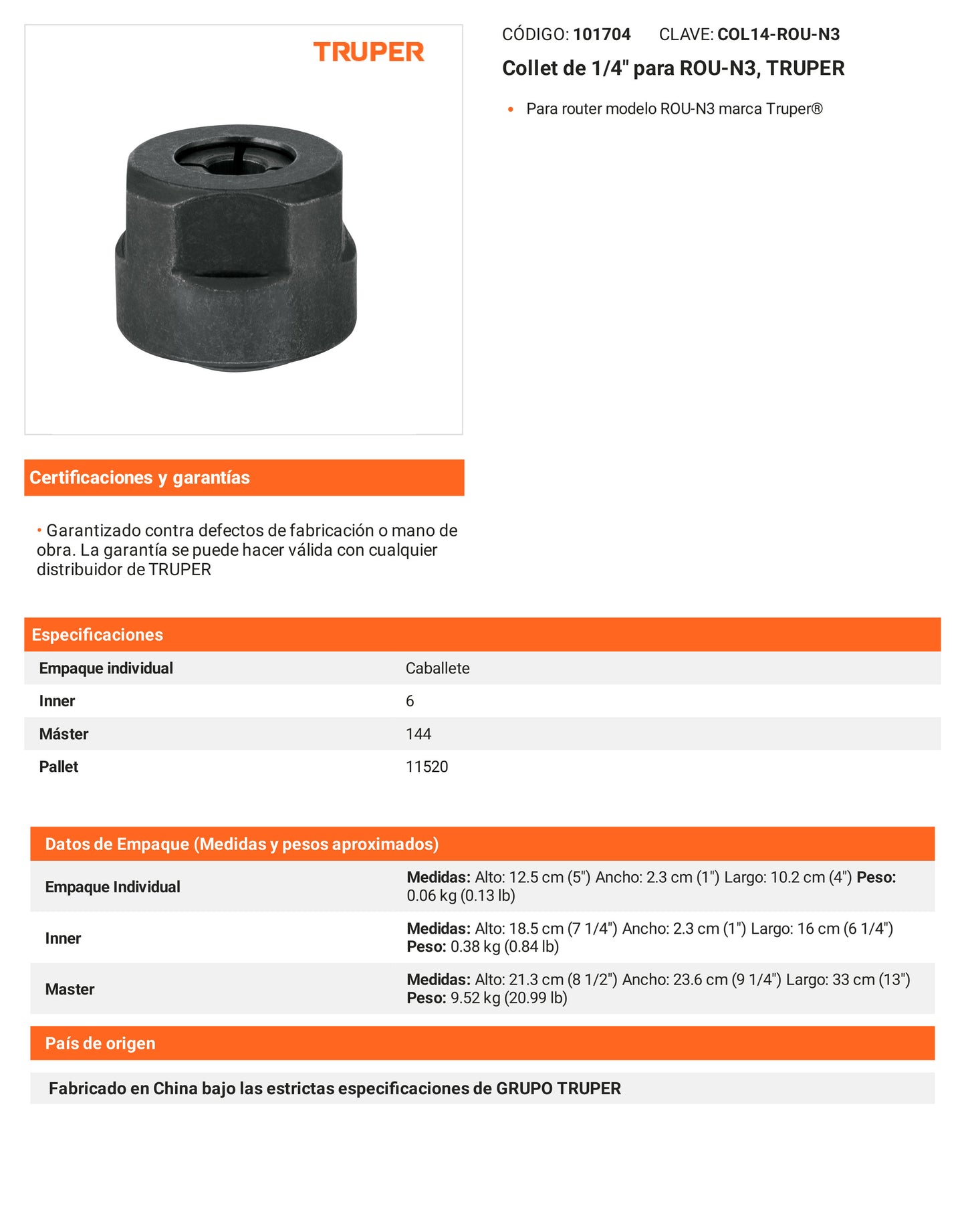 Ficha tecnica - Collet de 1/4 pulg para ROU-N3 - SKU 101704