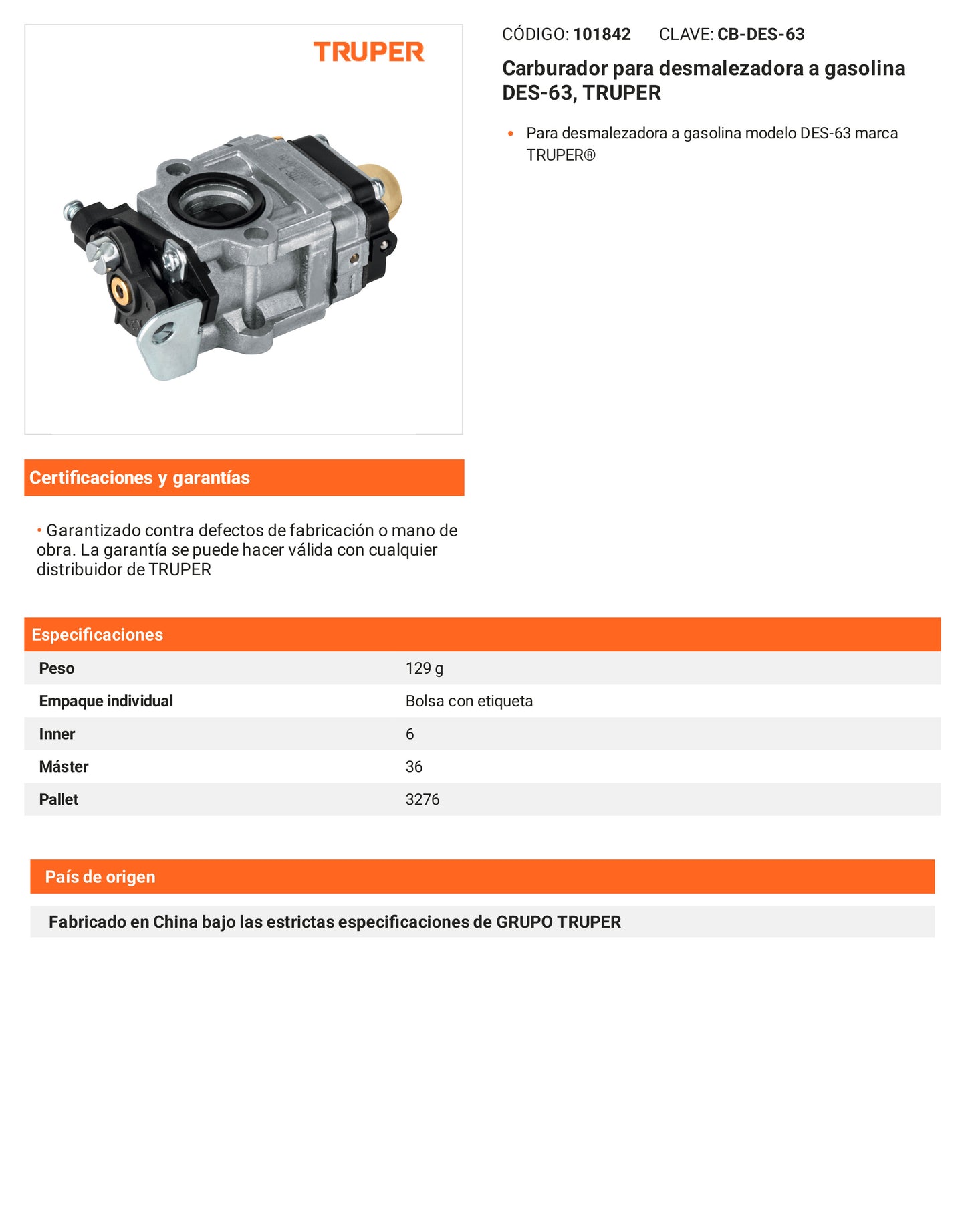 Ficha tecnica - Carburador para desmalezadora a gasolina DES-63 - SKU 101842
