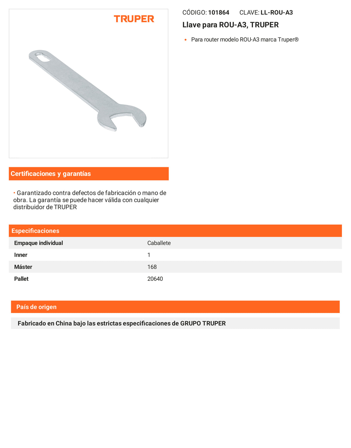 Ficha tecnica - Llave para ROU-A3 - SKU 101864