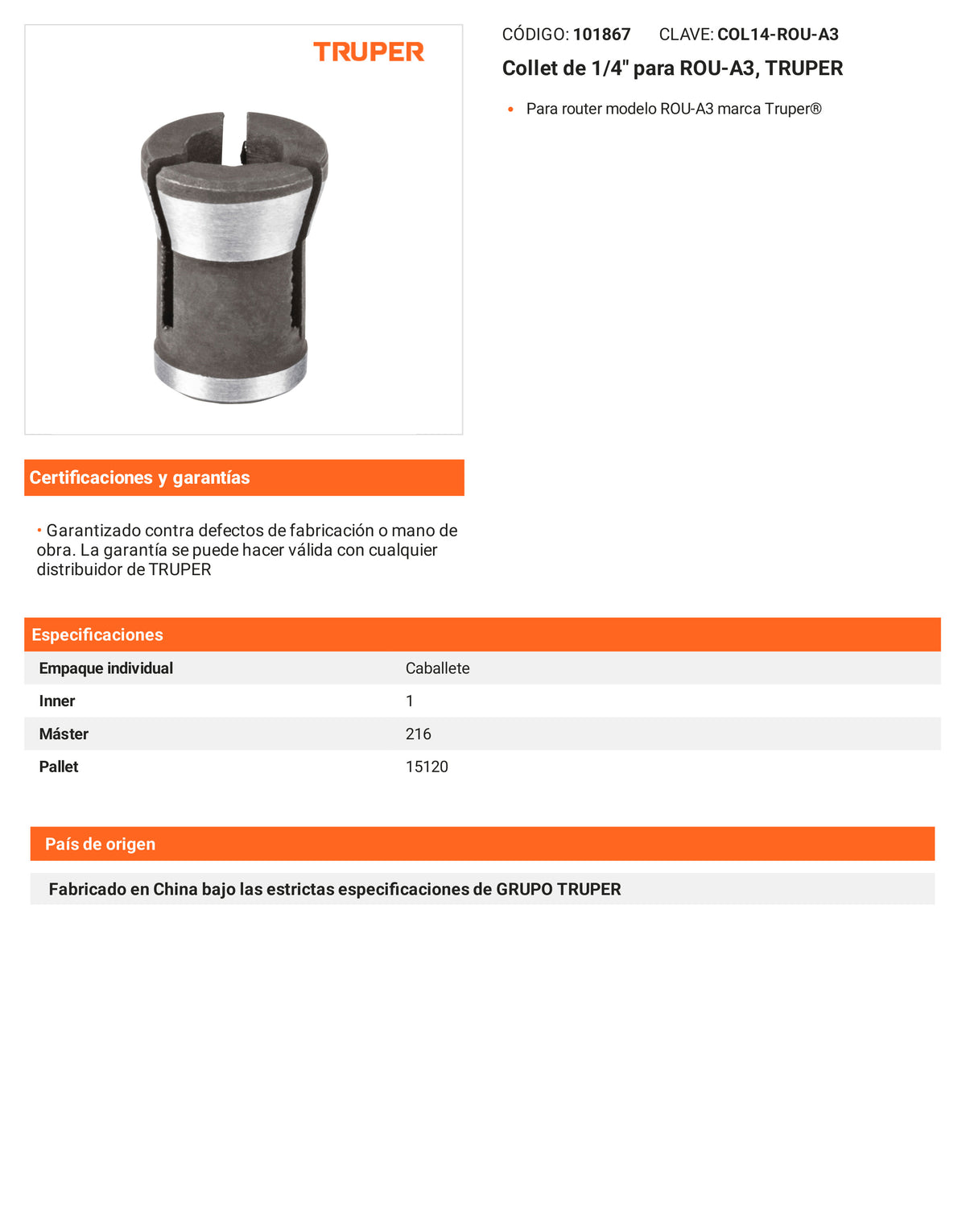 Ficha tecnica - Collet de 1/4 pulg para ROU-A3 - SKU 101867