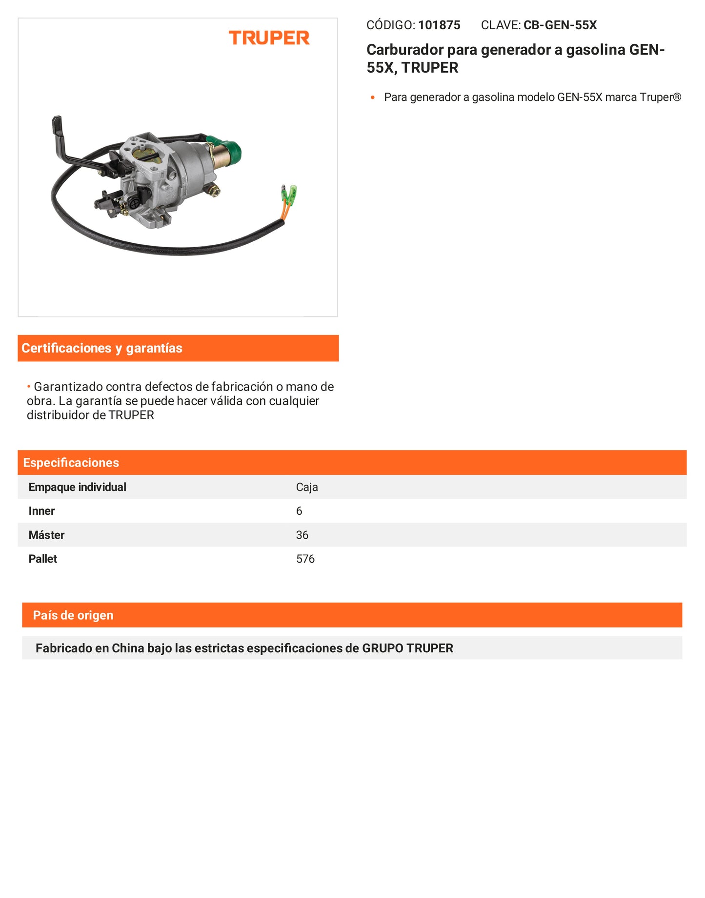 Ficha tecnica - Carburador para generador a gasolina GEN-55X - SKU 101875