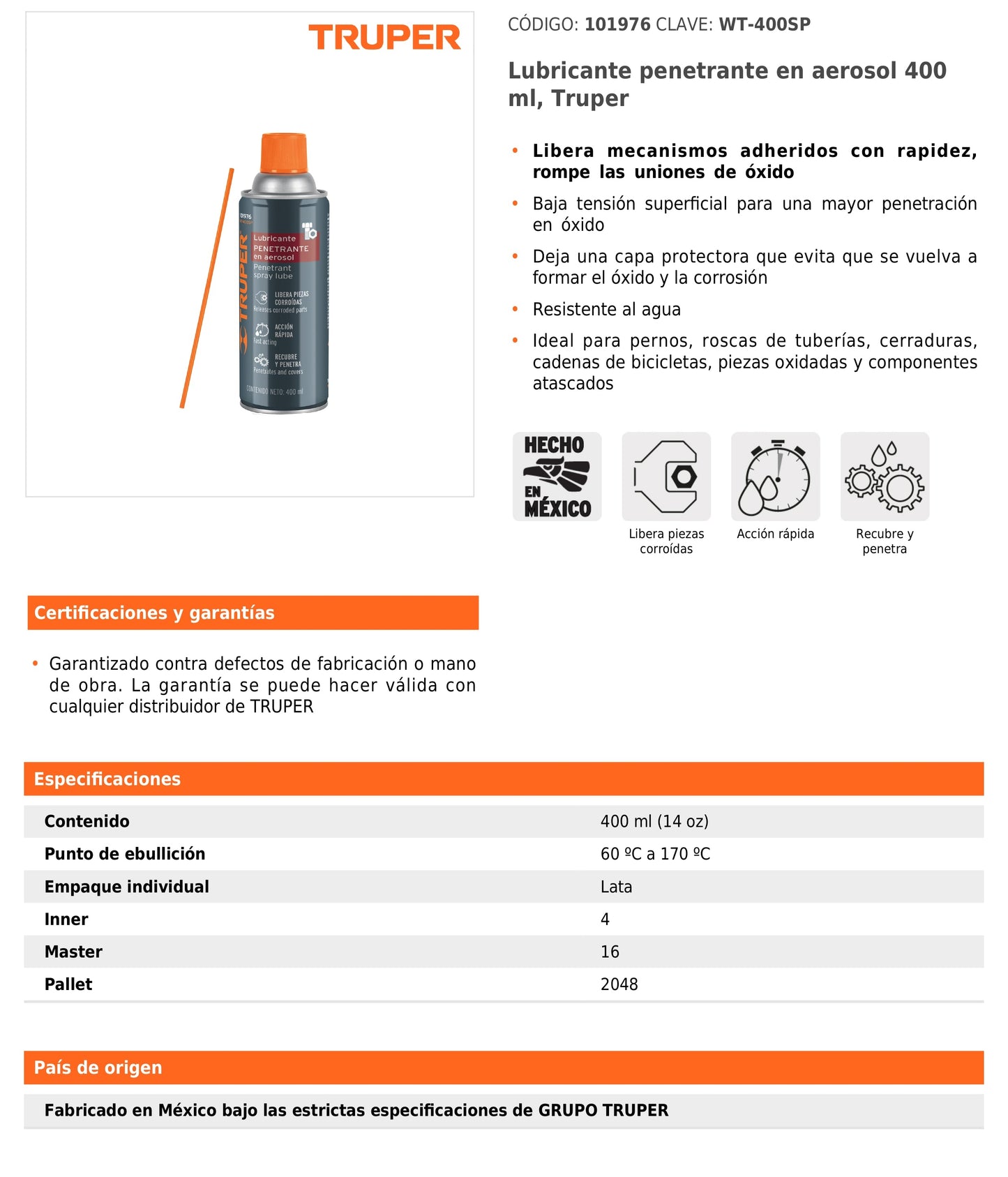 Lubricante penetrante en aerosol 400 ml