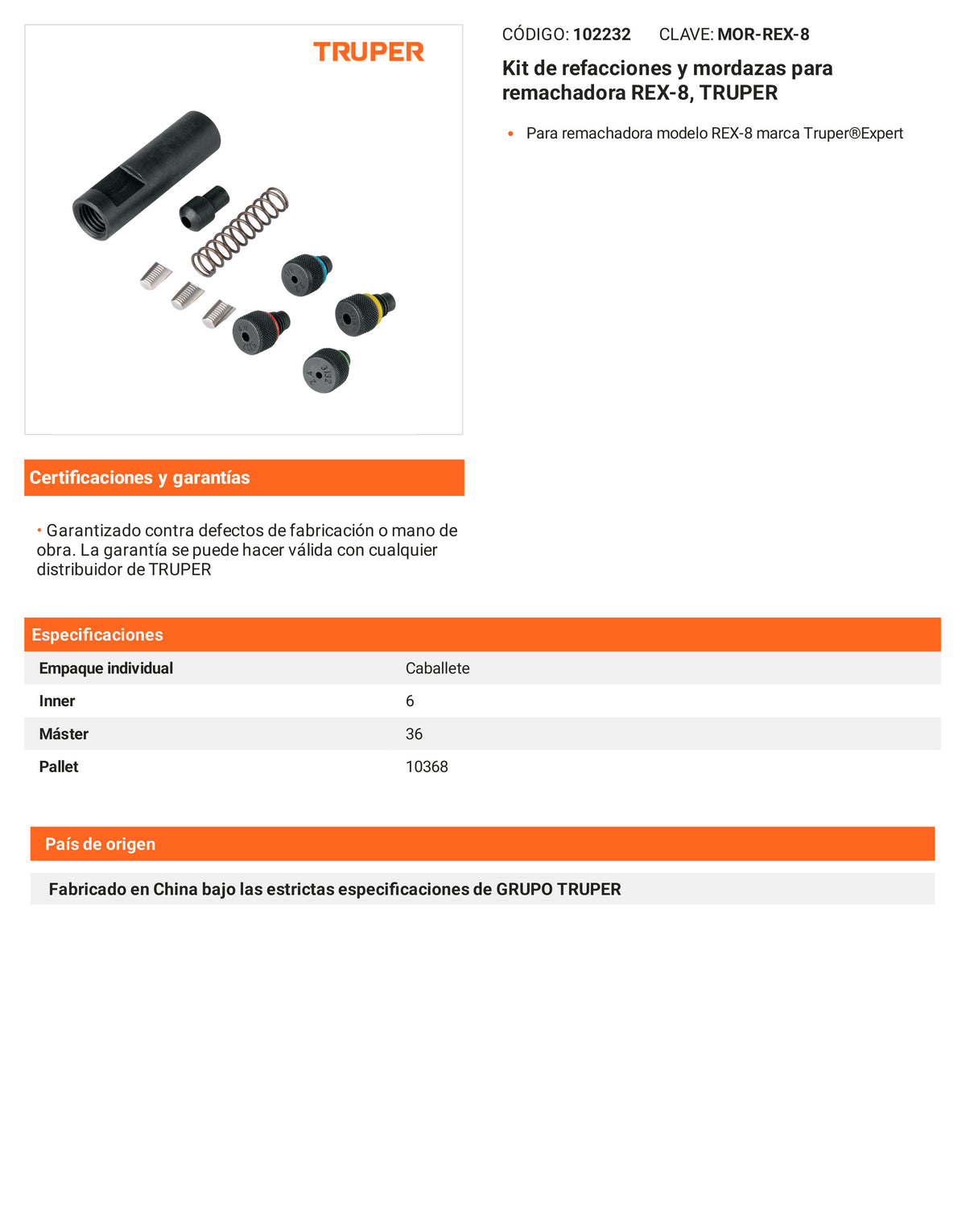 Ficha tecnica - Kit de refacciones y mordazas REX-8 - SKU 102232