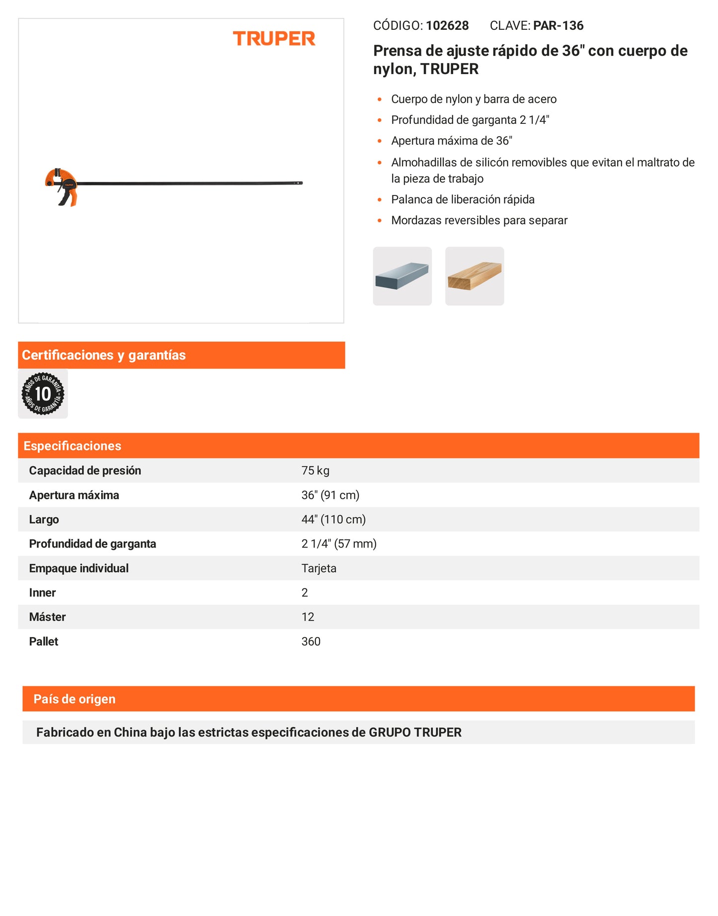 Ficha tecnica - Prensa de ajuste rapido de 36 pulg - SKU 102628