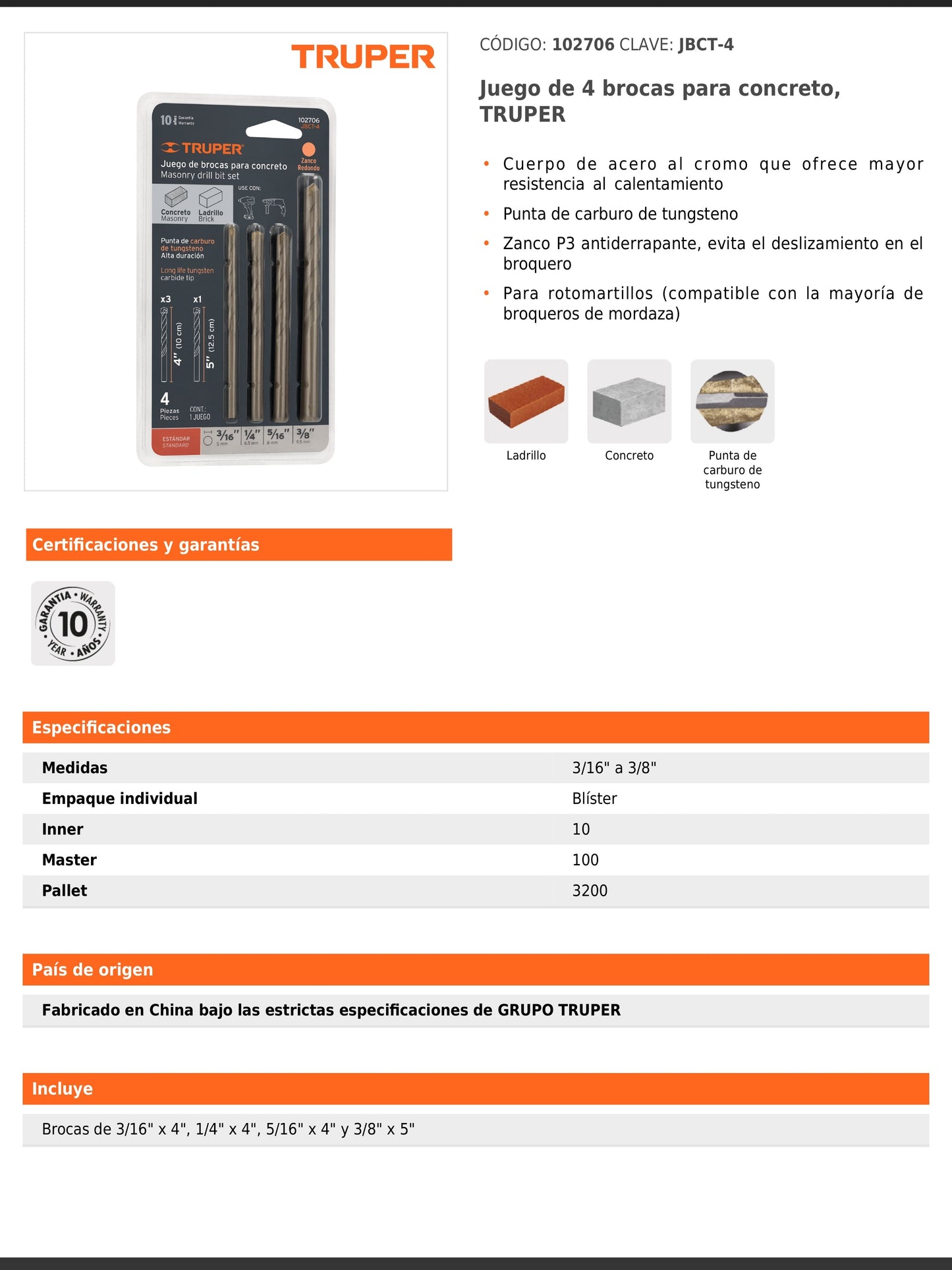 Juego de 4 brocas para concreto con punta de carburo de tungsteno