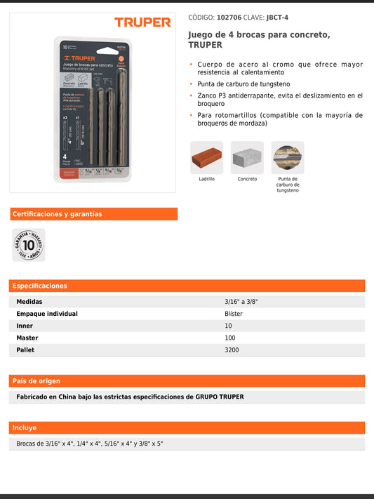 Juego de 4 brocas para concreto con punta de carburo de tungsteno