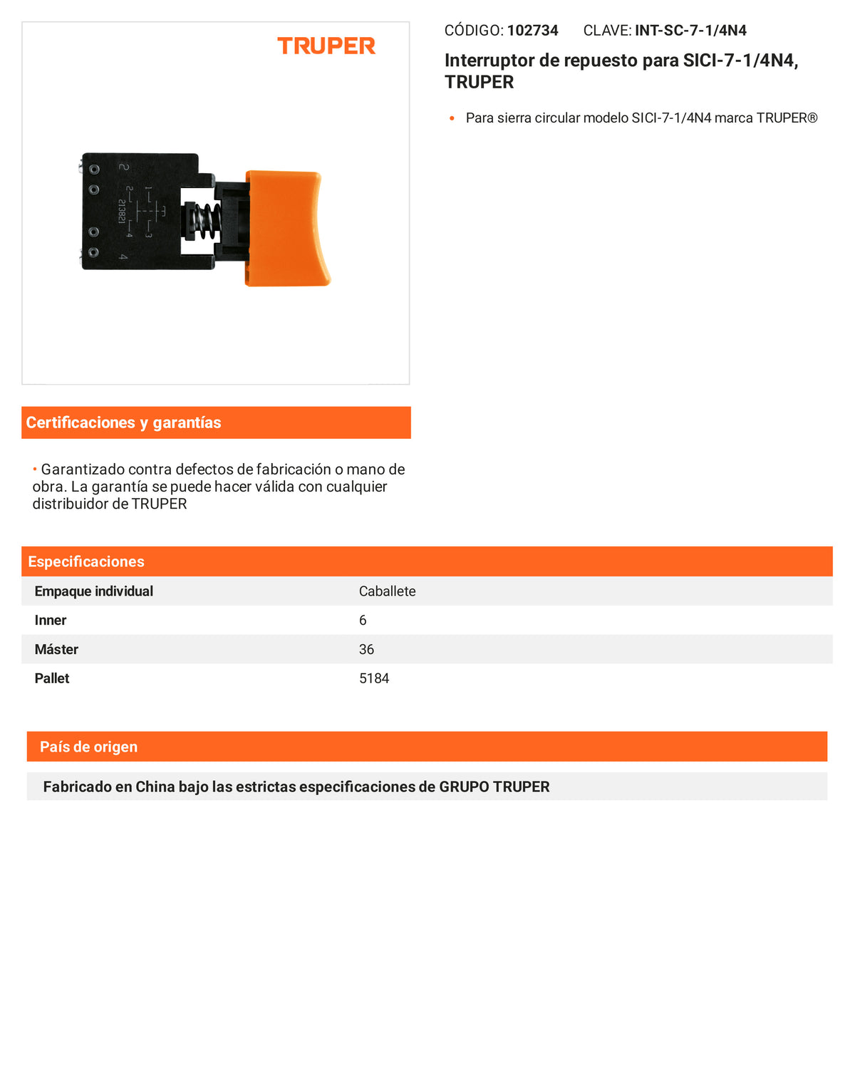 Ficha tecnica - Interruptor para SICI-7-1/4N4 - SKU 102734