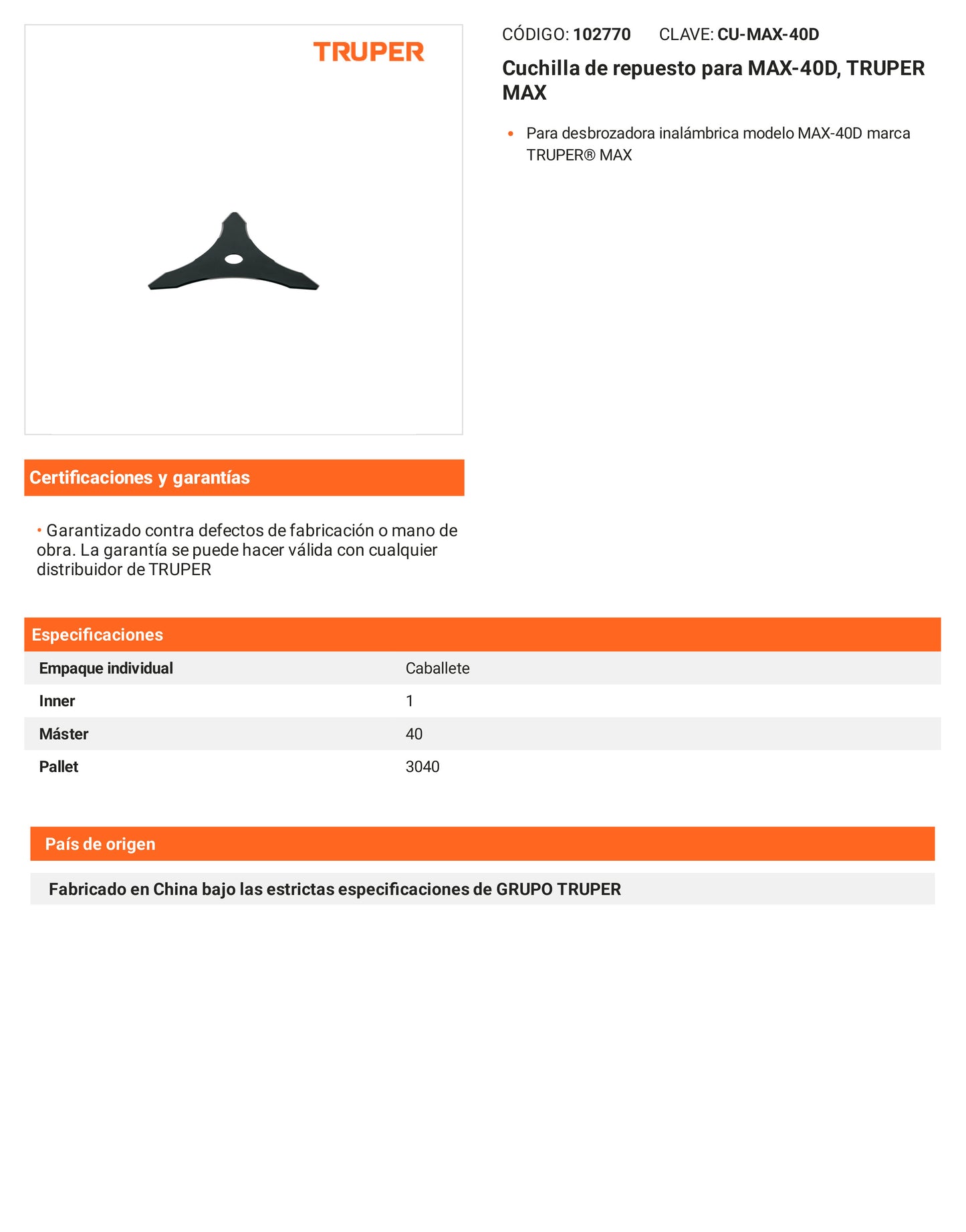 Ficha tecnica - Cuchilla para MAX-40D - SKU 102770
