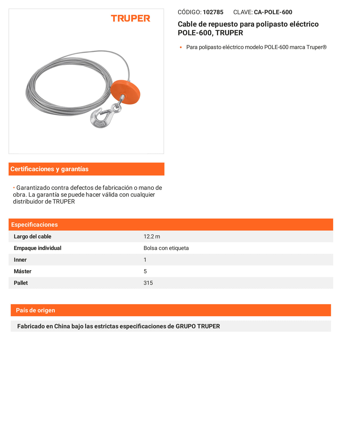 Ficha tecnica - Cable para polipasto electrico POLE-600 - SKU 102785