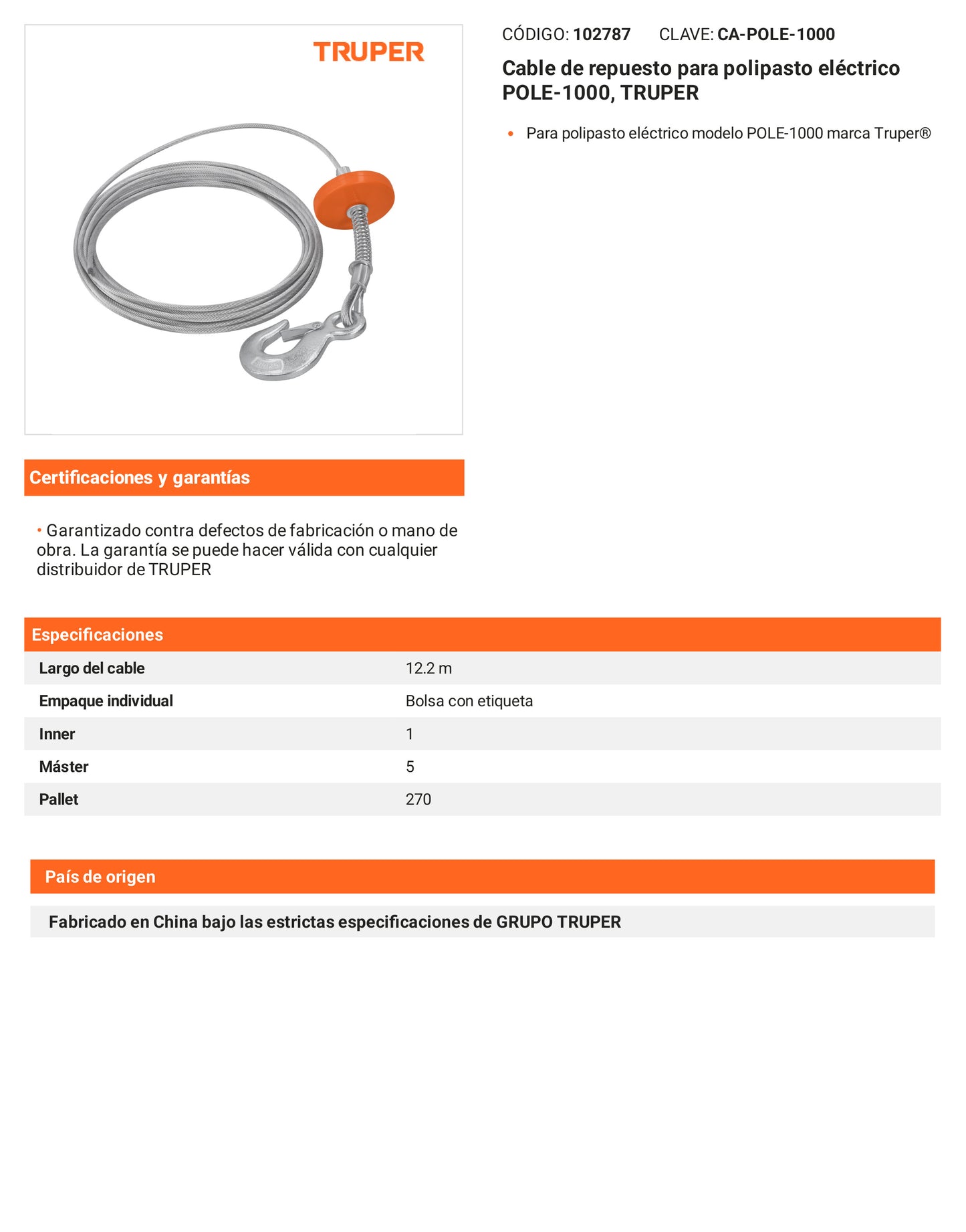 Ficha tecnica - Cable para polipasto electrico POLE-1000 - SKU 102787