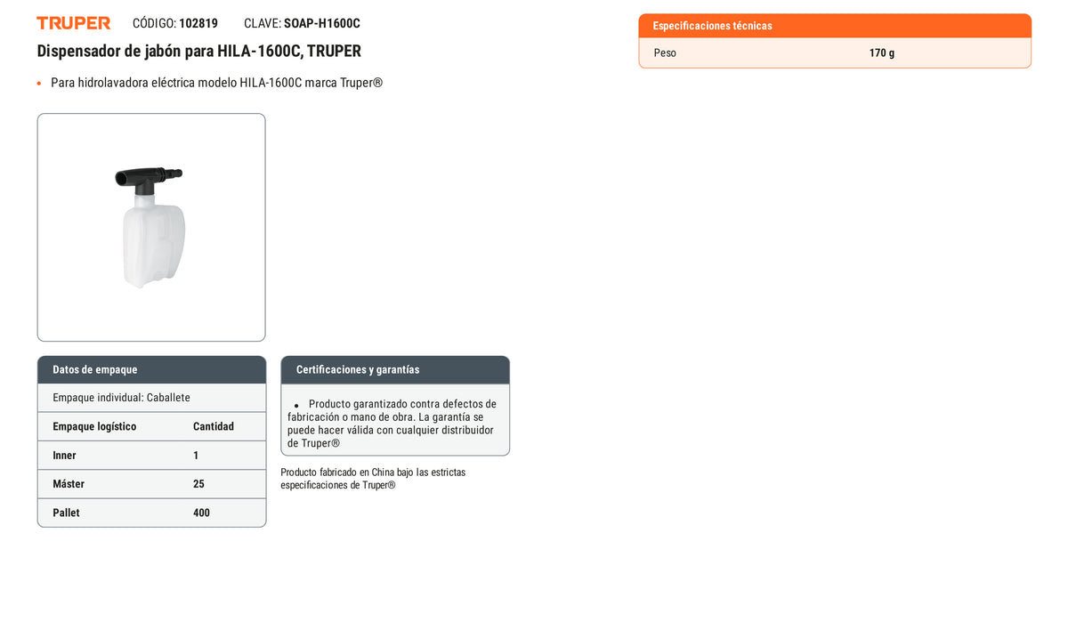 Ficha tecnica - Dispensador de jabon para HILA-1600C - SKU 102819