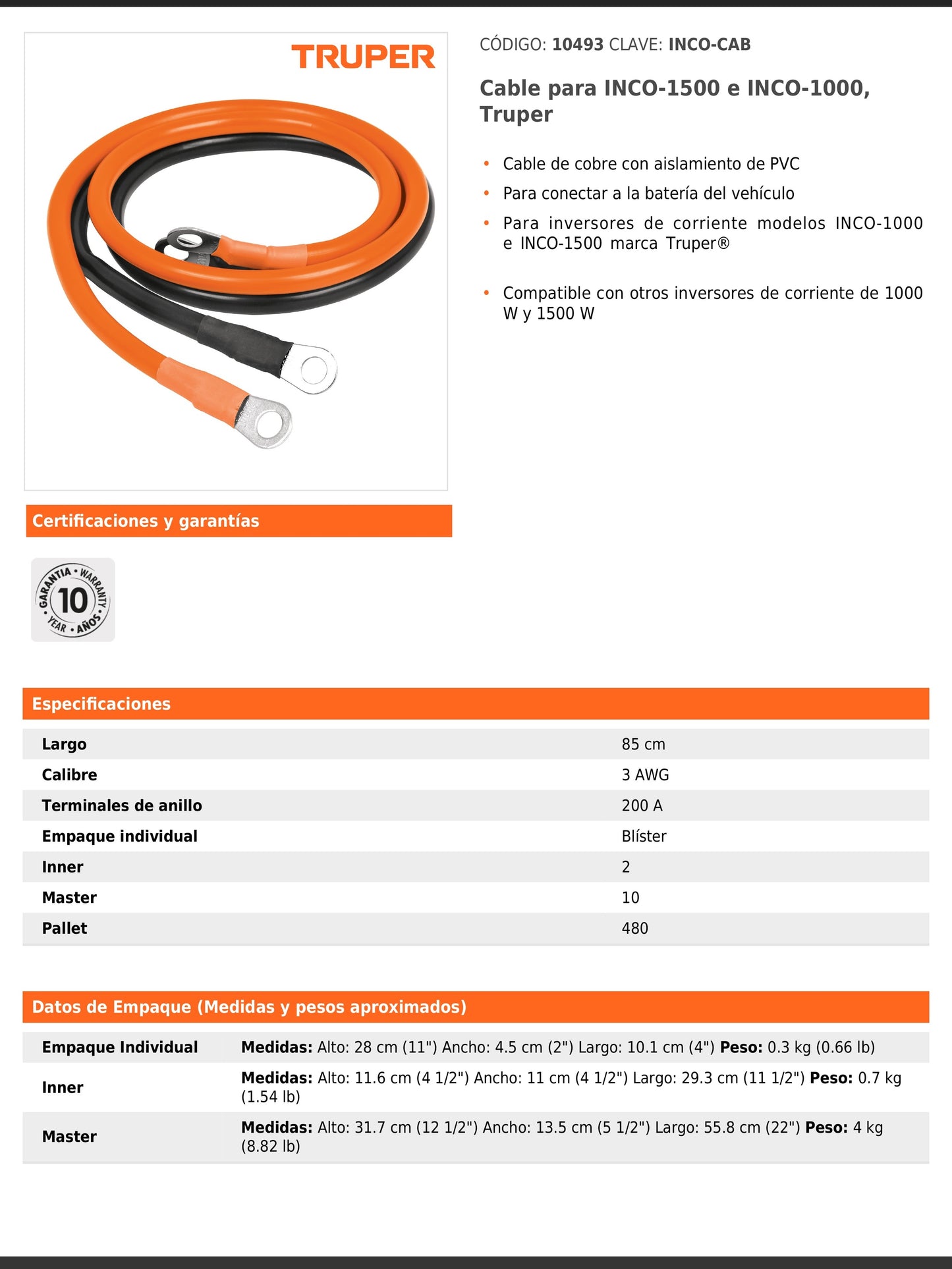 Cable para inversores de corriente INCO-1000 e INCO-1500