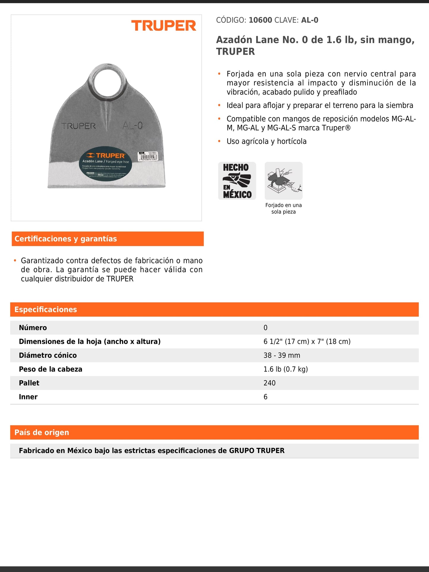 Azadón Lane No. 0 de 1.6 lb sin mango