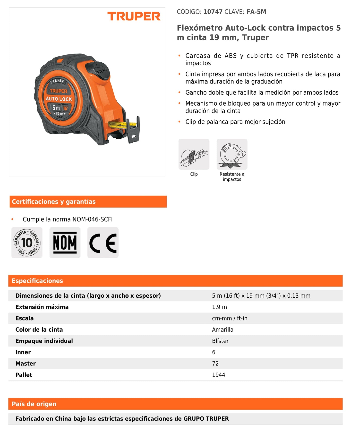 Flexómetro Auto-Lock Contra Impactos 5m Cinta 19 mm