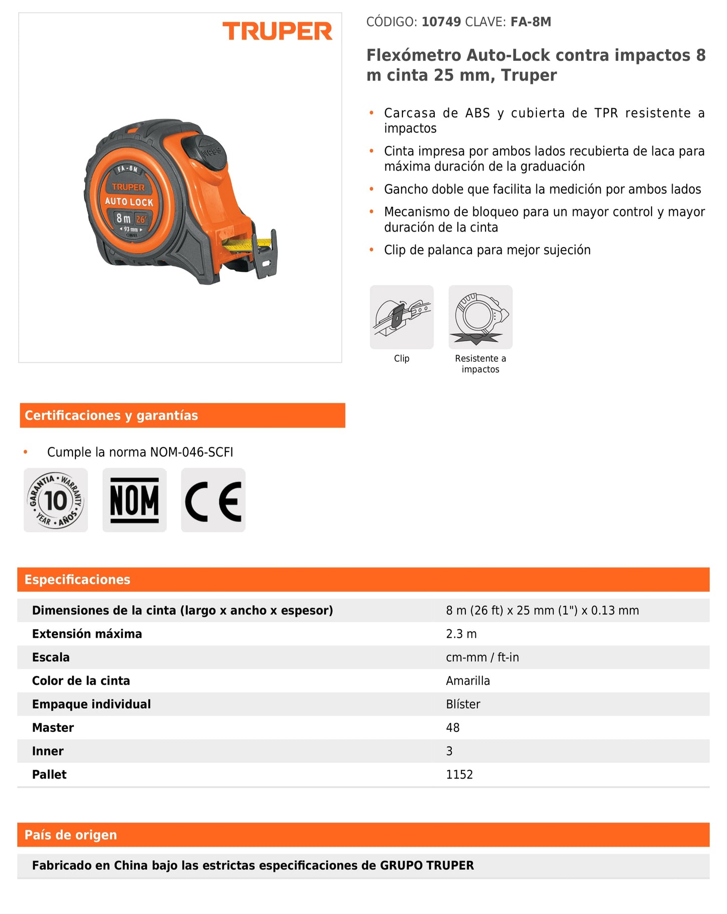 Flexómetro Auto-Lock Contra Impactos 8m Cinta 25 mm
