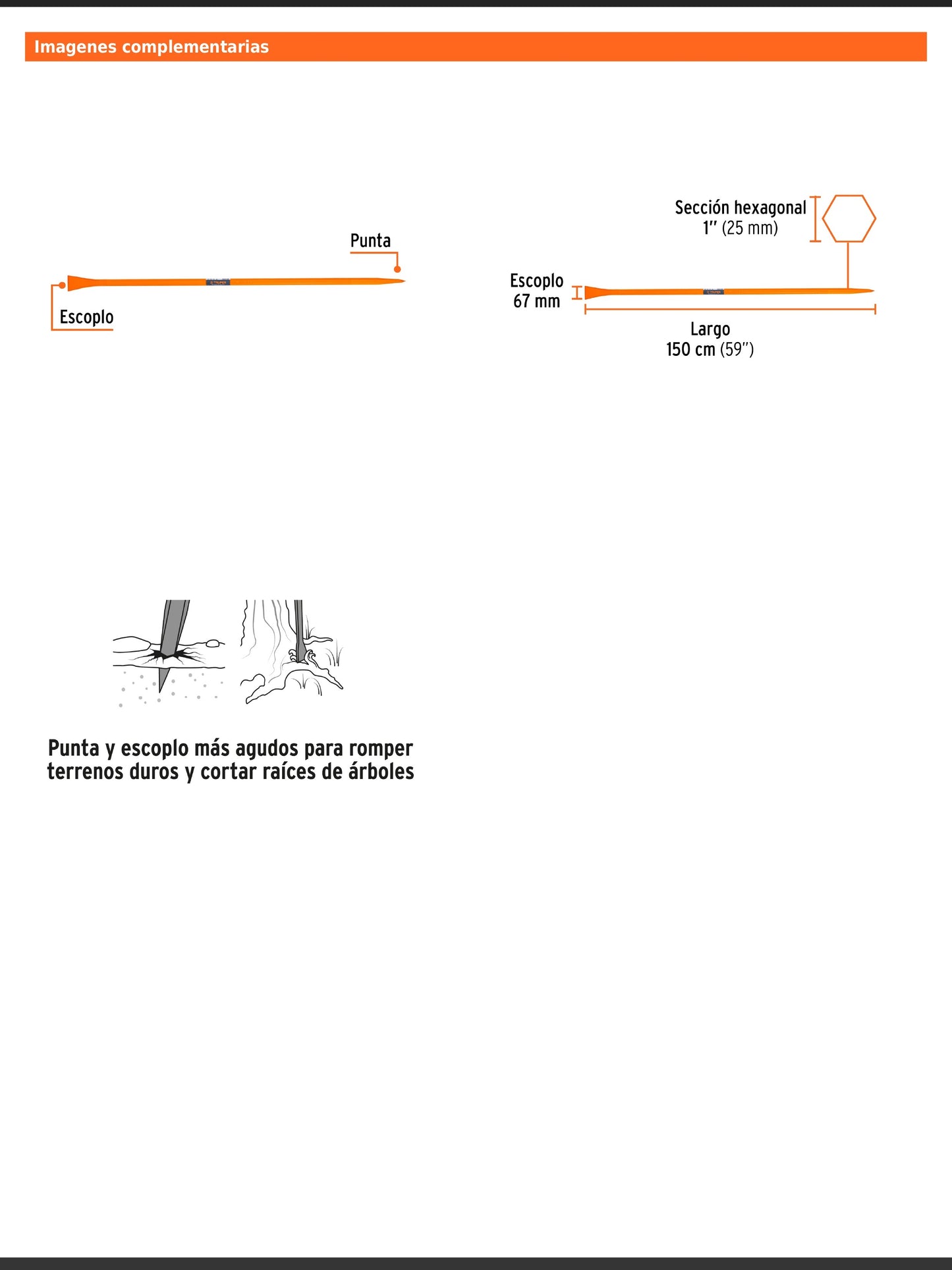 Barreta para tierra dura de 1 in y 150 cm con escoplo de 67 mm
