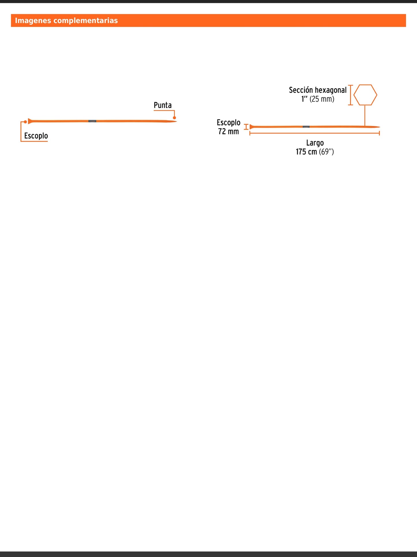 Barreta de punta de 1 in y 175 cm con escoplo de 72 mm