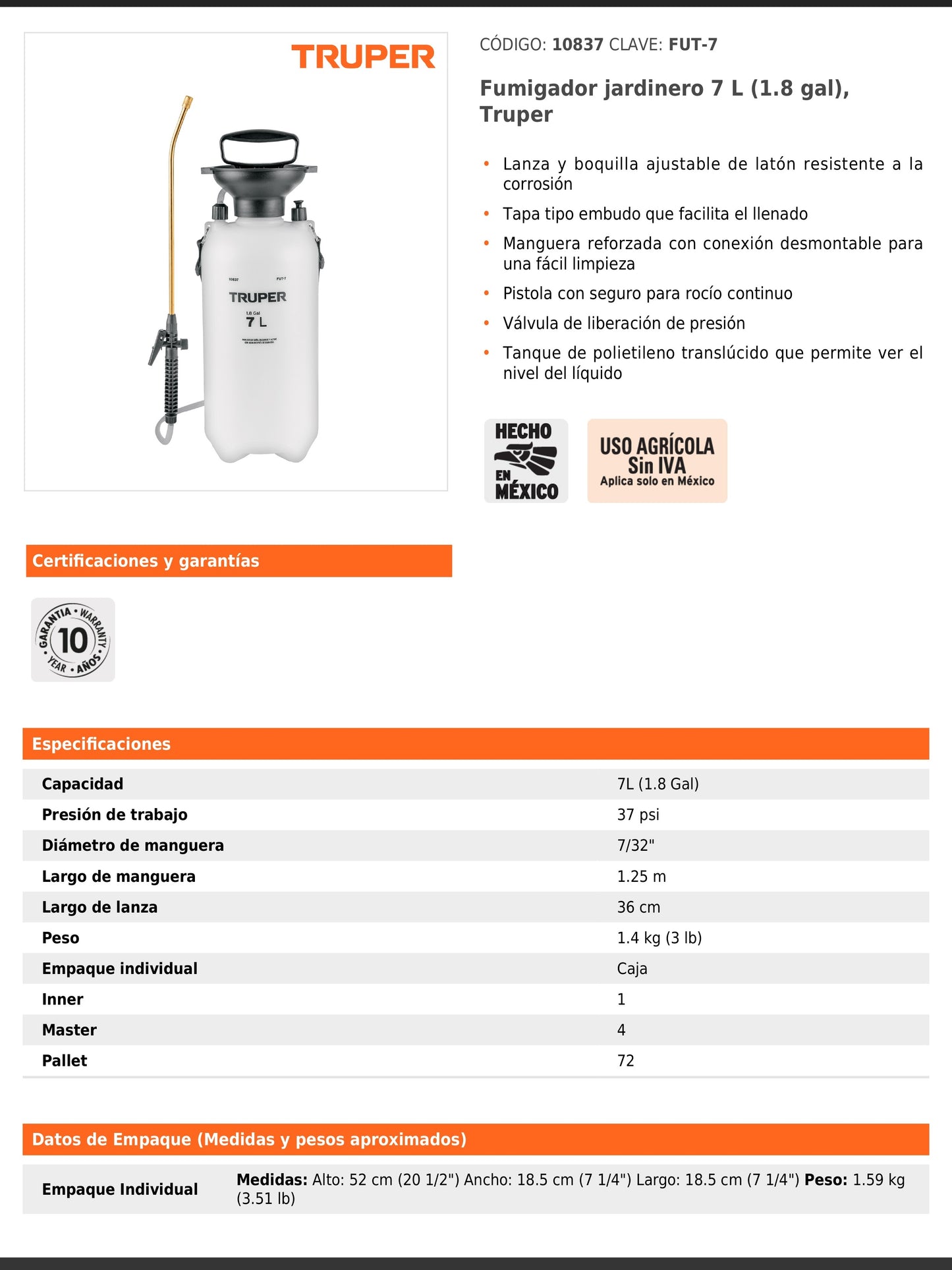 Fumigador jardinero de 7 L con lanza y boquilla ajustable