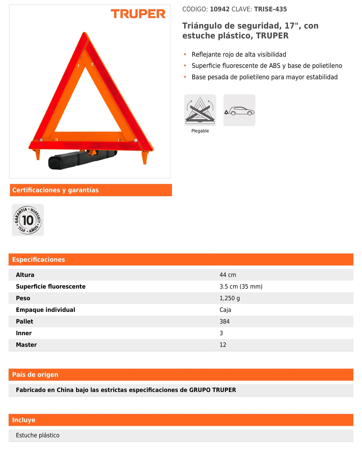 Triángulo de seguridad de 44 cm de alto con estuche plástico