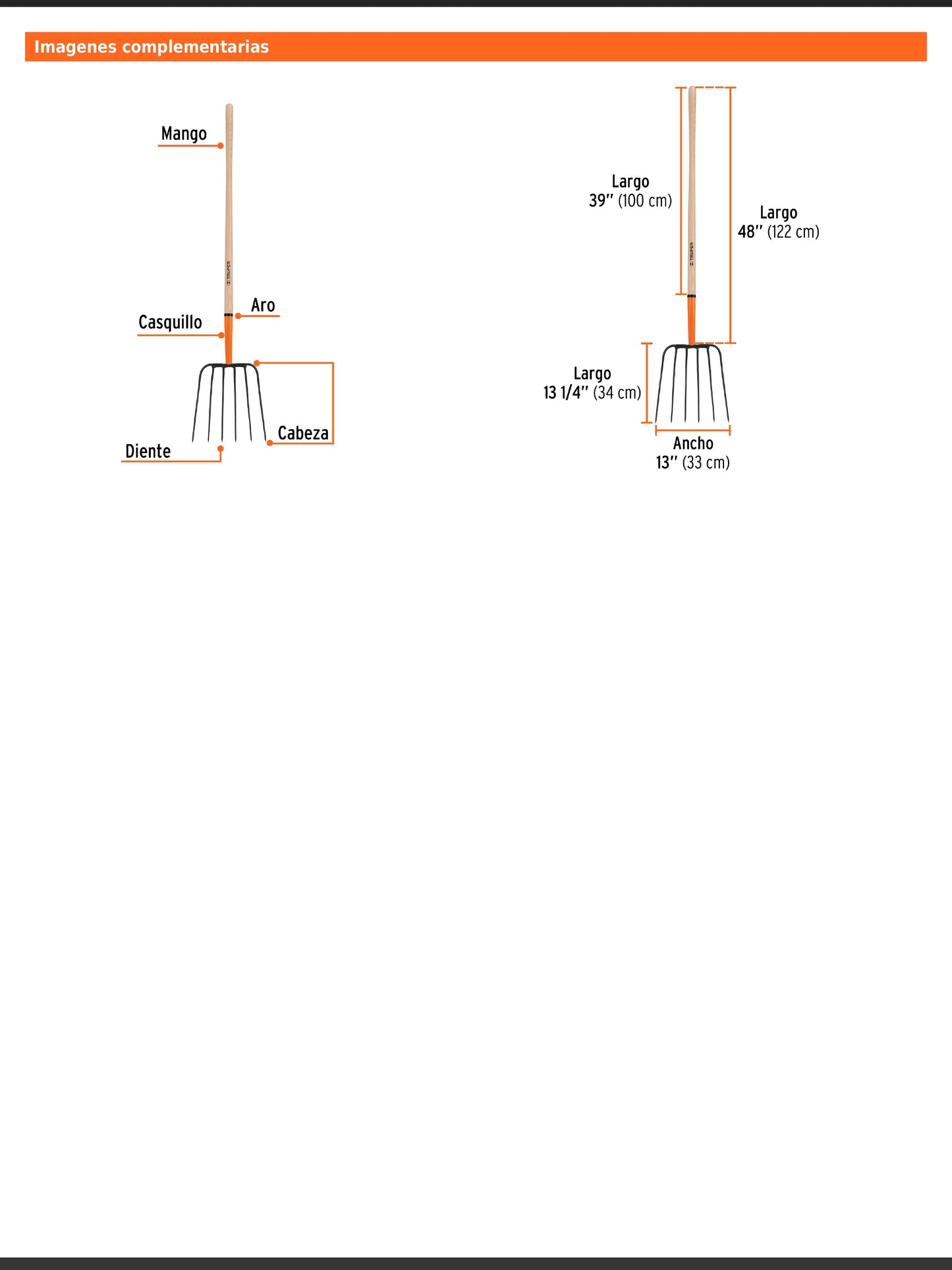Bieldo para paja de 6 dientes con mango largo de 122 cm