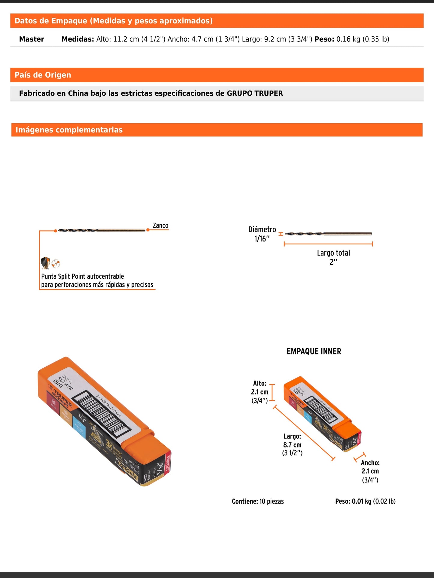 Broca HSS de 1/16 in con punta Split Point