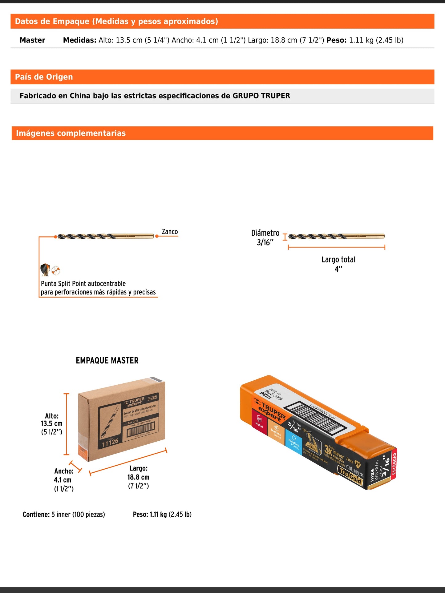 Broca HSS de 3/16 in con punta Split Point