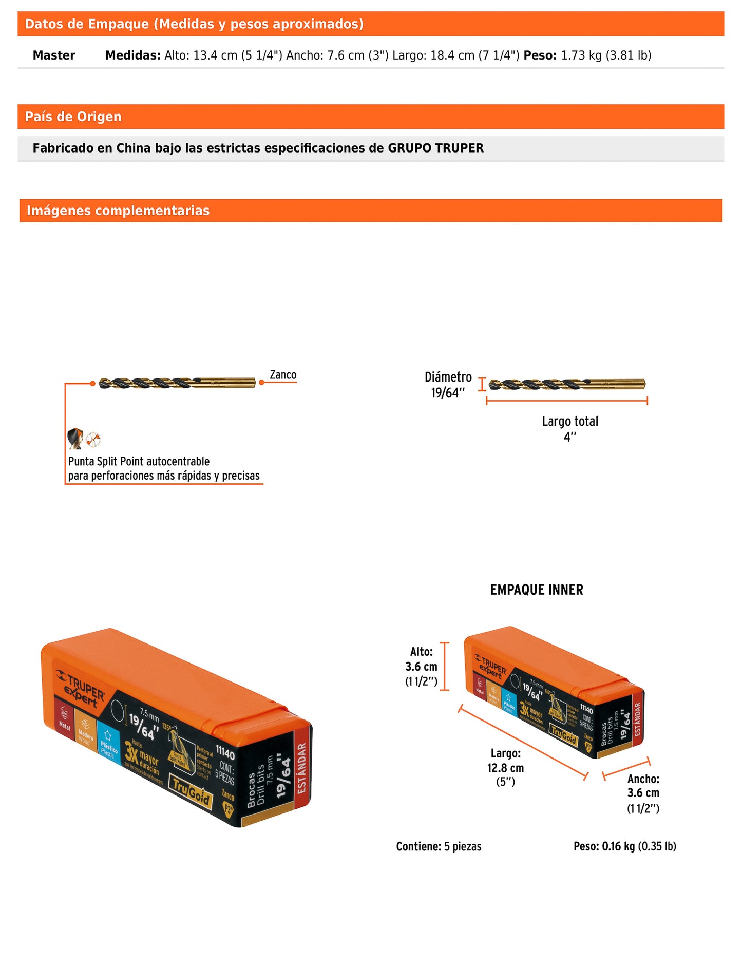 Broca HSS 19/64" Trugold para metal