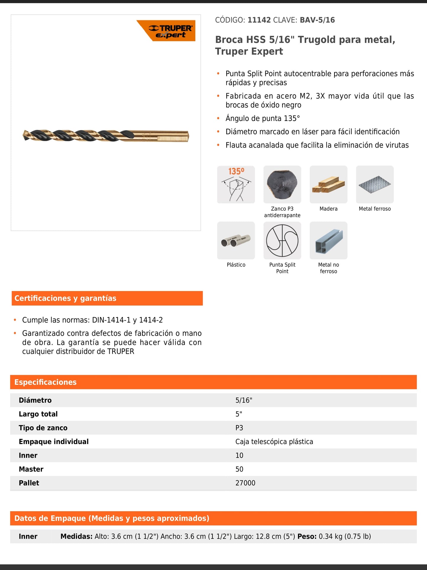 Broca HSS 5/16" Trugold para metal