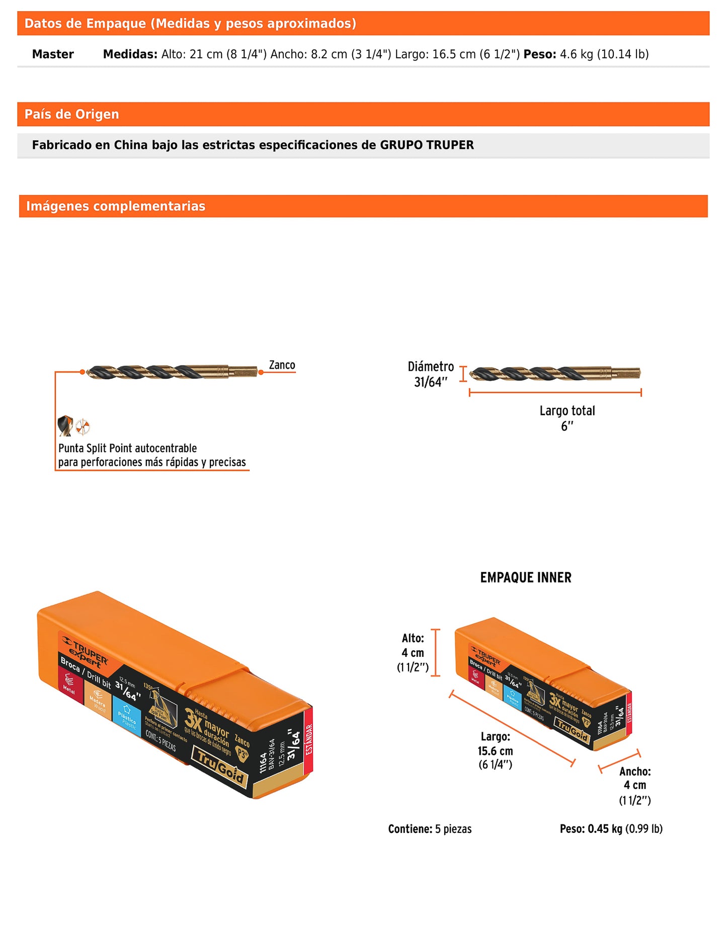 Broca HSS 31/64 pulg Trugold para metal con punta Split Point