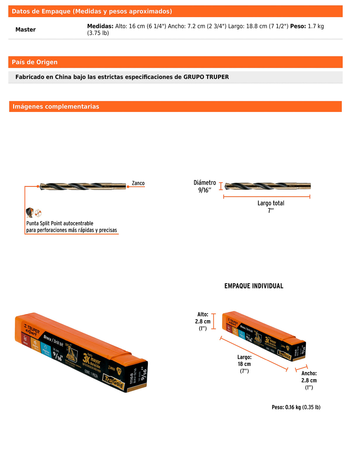 Broca HSS 9/16 pulg Trugold para metal con punta Split Point