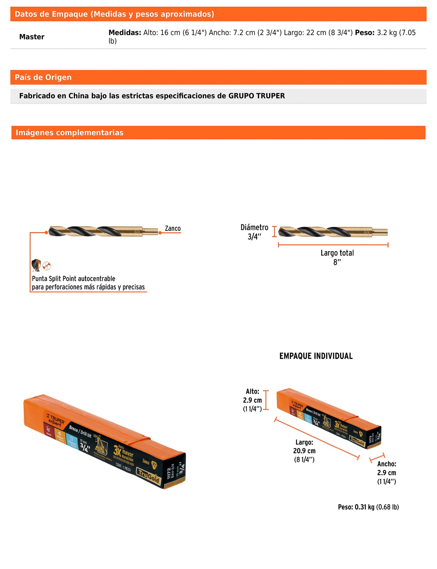Broca HSS 3/4 pulg Trugold para metal con punta Split Point